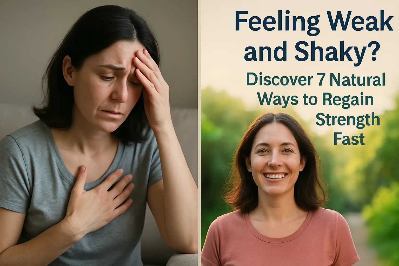 A tired woman feeling weak and shaky, discovering natural remedies to regain strength.