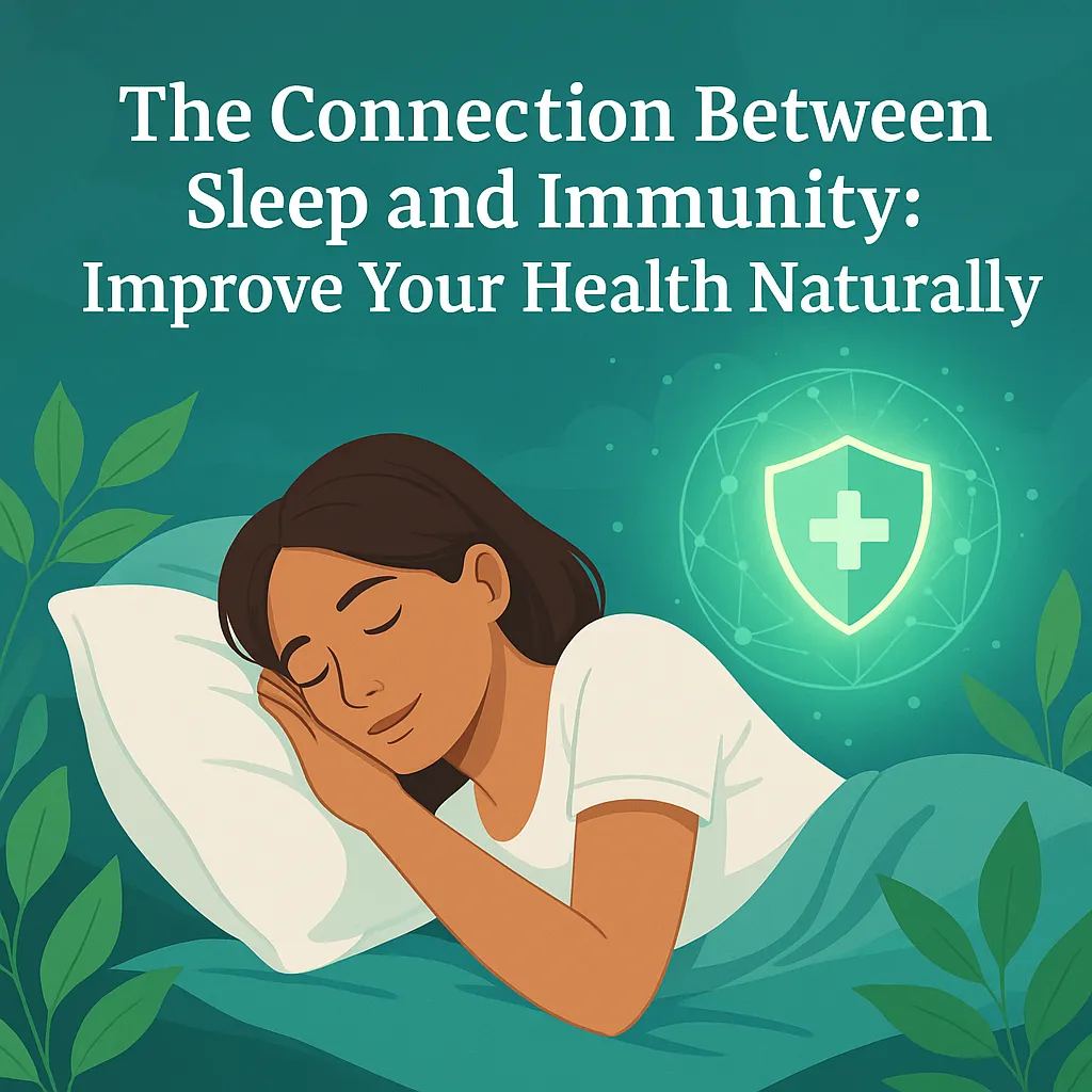 A peaceful woman sleeping beside a glowing immune shield, symbolizing the connection between sleep and immunity.